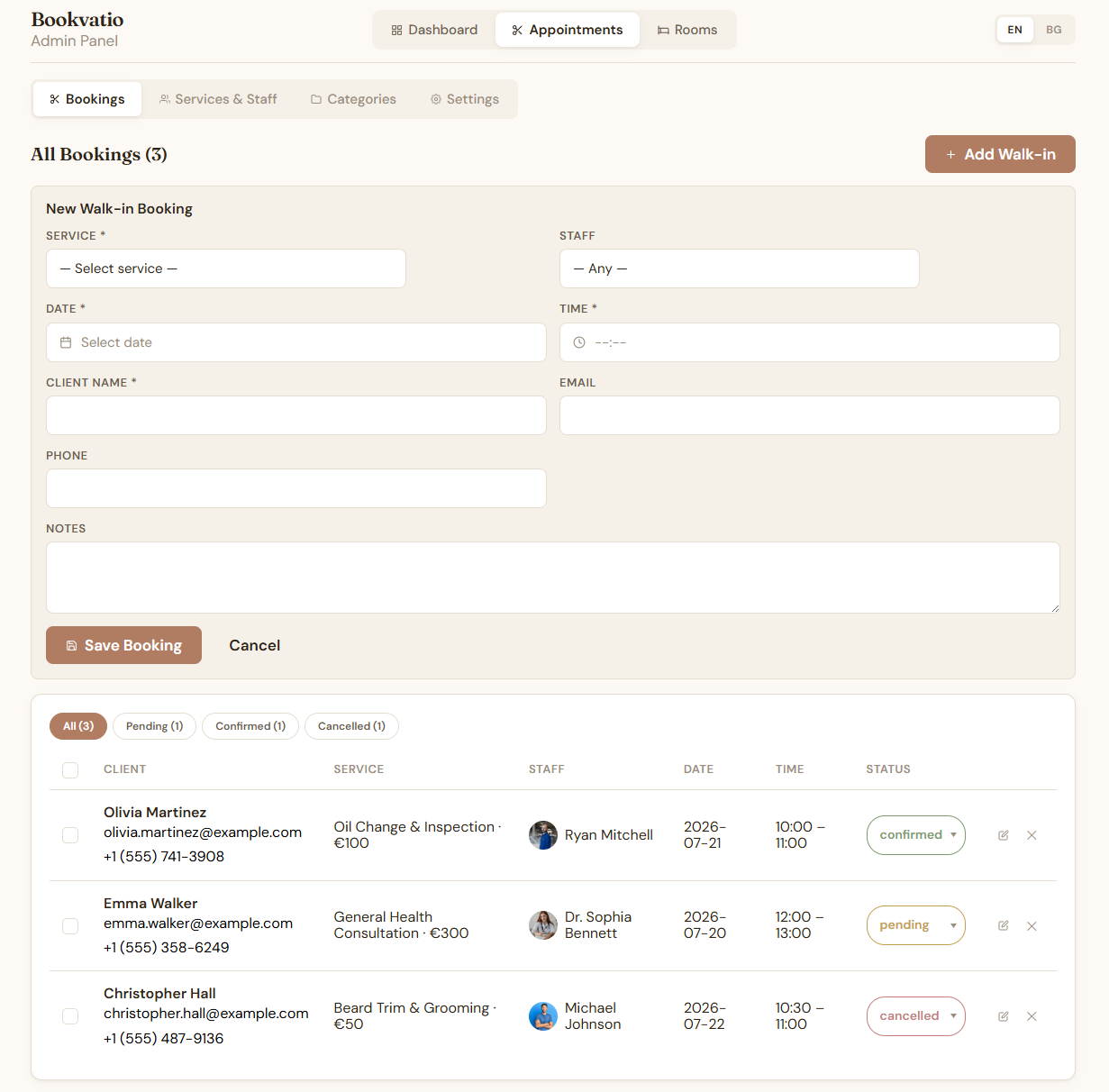 The bookings screen with the walk-in form open, showing service, staff, date, time, client name, email, phone and notes fields above the bookings table.