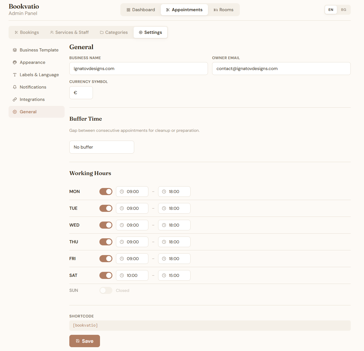 General settings, showing buffer time between appointments and a working hours schedule for each day of the week.