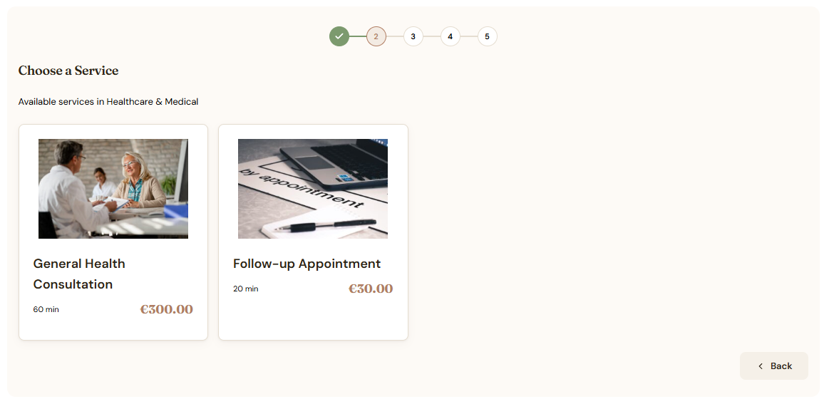 Step two, showing service cards with a photo, name, duration in minutes and price.