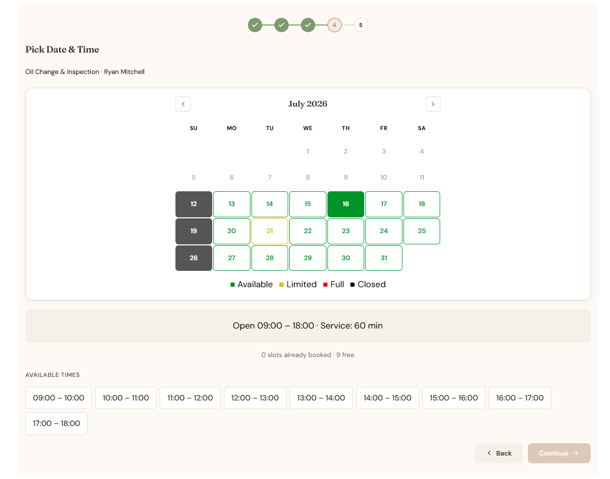 Step four of the booking form, a month calendar with days colour coded available, limited, full or closed, above a list of bookable time slots.