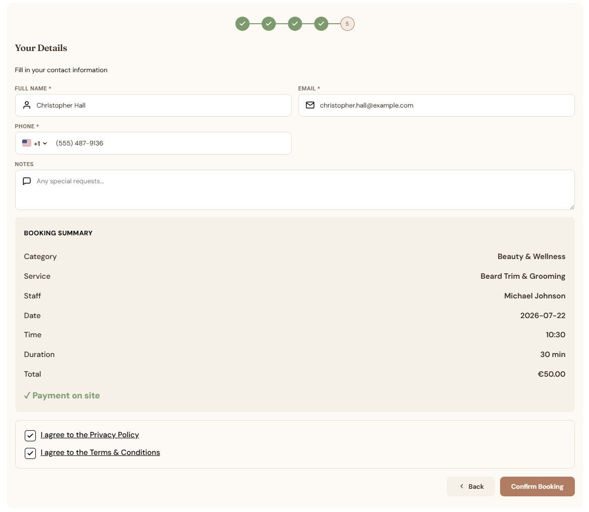Step five, a contact form beside a booking summary listing category, service, staff, date, time, duration and total, with consent checkboxes.