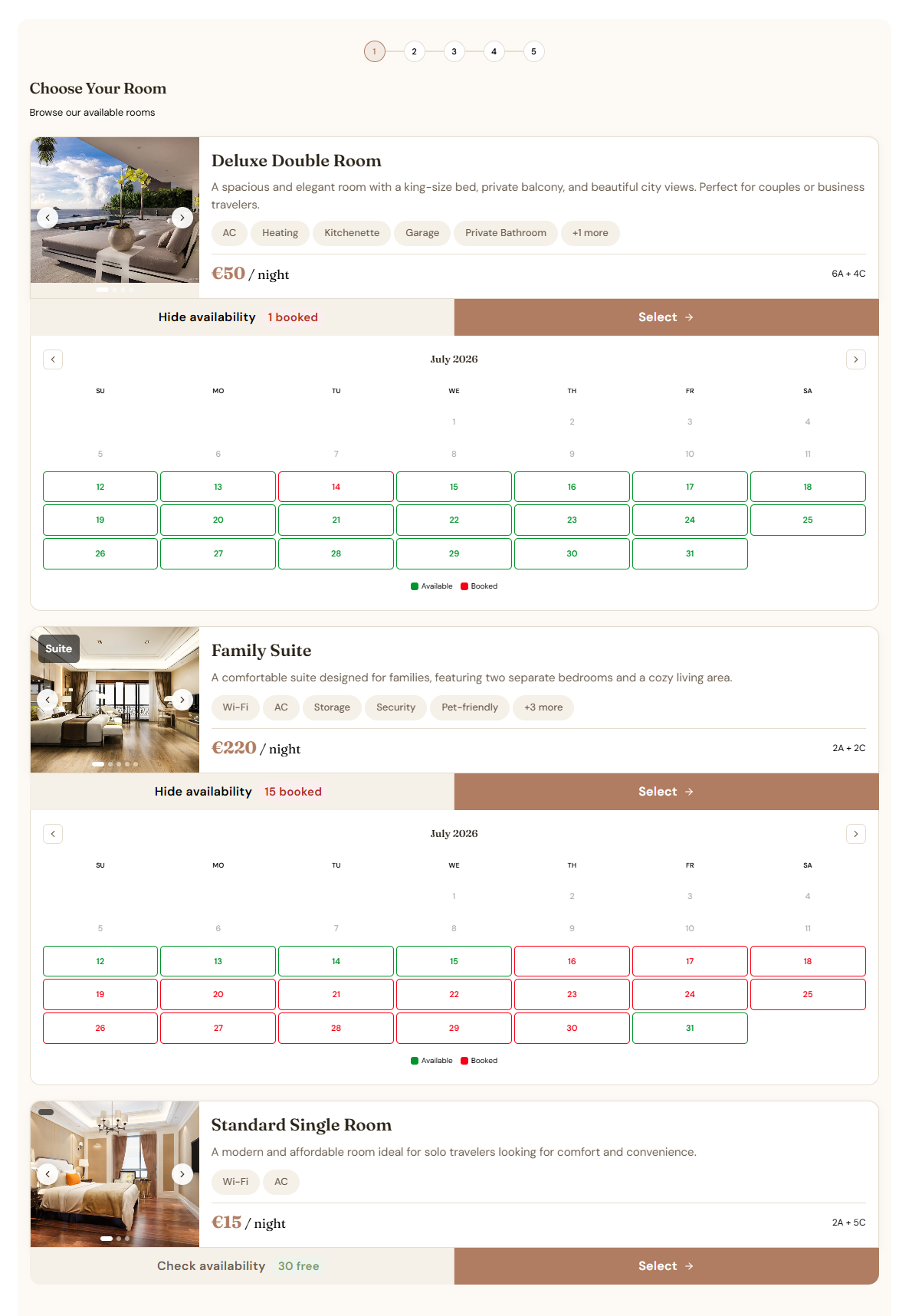 The room chooser, showing rooms with nightly prices and a per-day availability calendar marking booked dates.