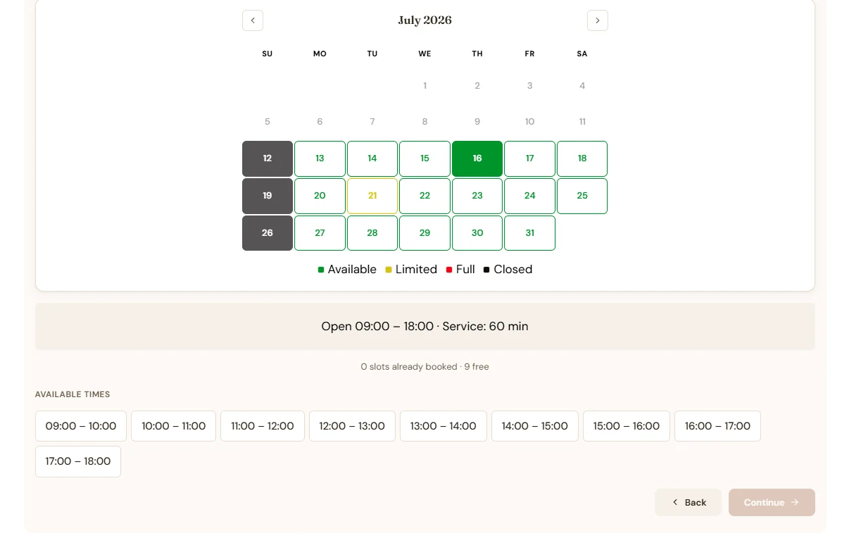 The Bookvatio booking calendar on a client site: days marked available, limited, full or closed, above the bookable time slots.