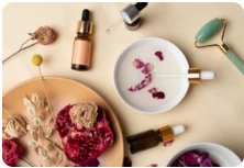 A nail and beauty studio work surface, laid out with tools and product.